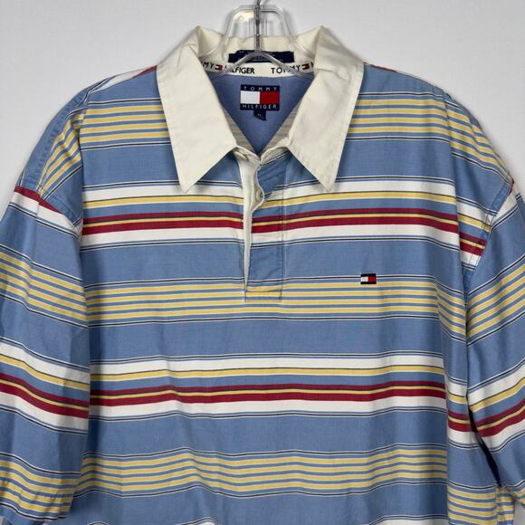 Vintage 90s Tommy Hilfiger Men's Polo Shirt Blue Striped Cotton Preppy Size XL - Picture 1 of 9